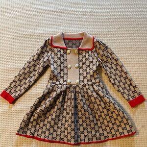Gucci Beige and Red Logo Dress with Gold Buttons